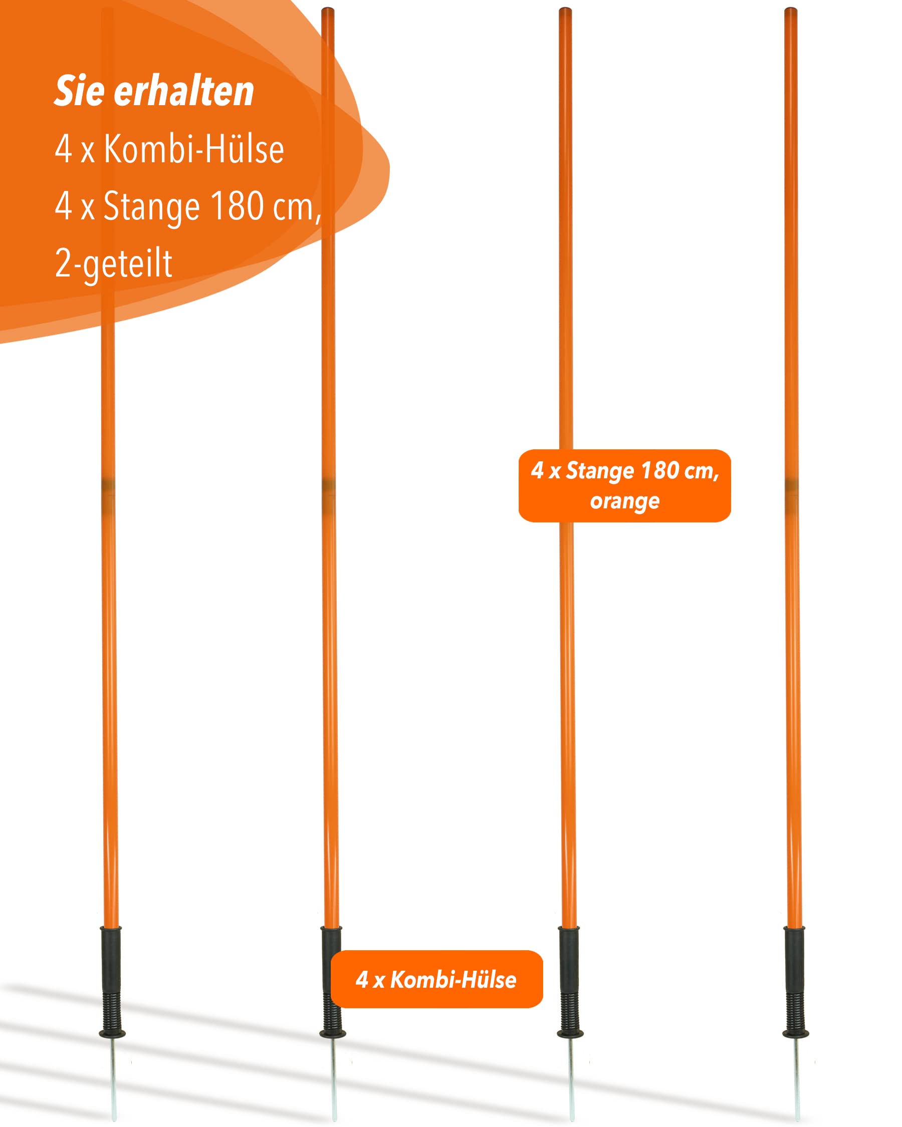 Kombi-Hülse aus Kunststoff mit Kippgelenk & Slalomstange 180 cm – 4er Set – Stange für Slalom & Koordinationstraining – für Fußball & Hundesport – Slalom-Set
