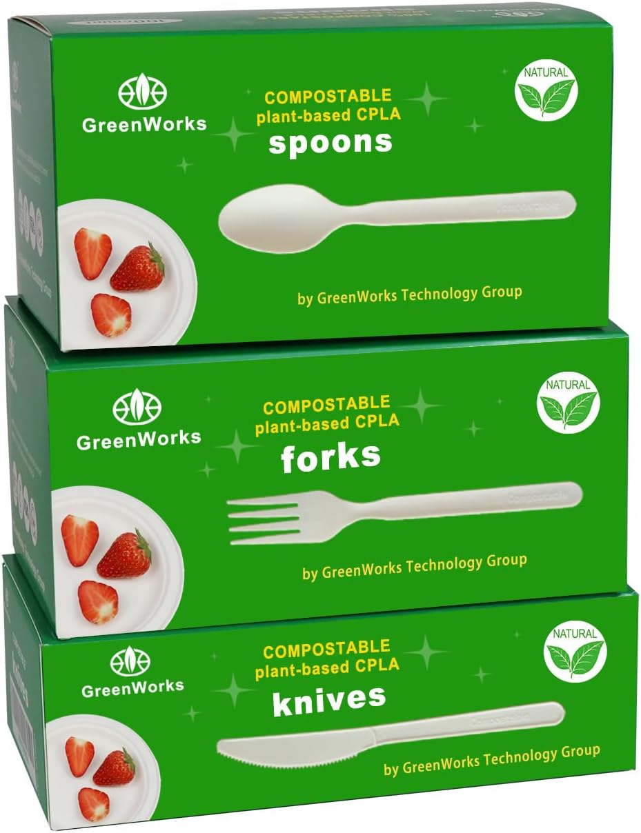 - GreenWorks 300 Count 7" Heavy-duty Compostable Cutlery Set,100 Forks 100 Spoons 100 Knives,BPI Certified Large t Disposable Bio-based Cutlery