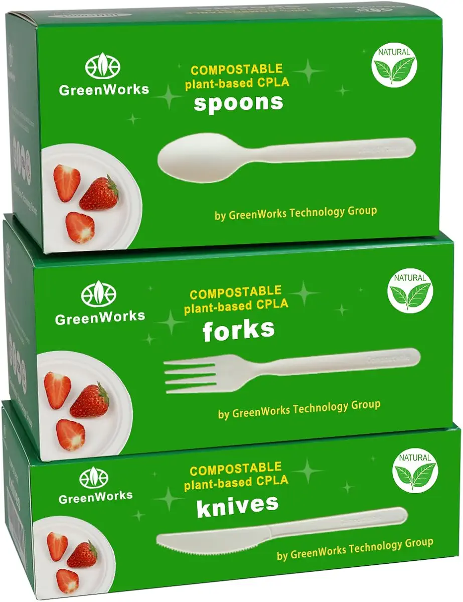 GreenWorks 300 Count 7&#34; Heavy-duty Compostable Cutlery Set,100 Forks 100 Spoons 100 Knives,BPI Certified Large t Disposable Bio-based Cutlery