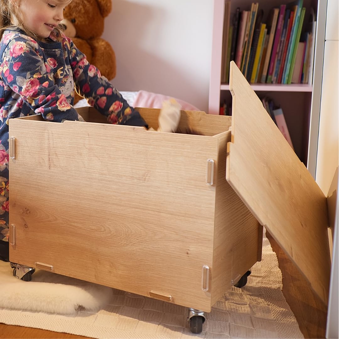 Caisse avec roulettes et couvercle 45,5x34,5x39,5cm (Bois MDF) - Caisses de rangement avec Poignées - Bac de rangement pour livres, jouets, chambre d'enfant, bureau (Coffre en bois blanc)