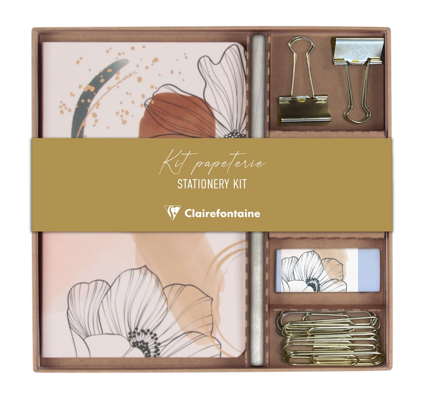 Clairefontaine 115984C - Stationery Kit: a Notebook 11x17cm 64 Lined Pages, a Pencil, 2 Double-Clip Clips, 10 Paper Clips and Eraser - Evanescence Collection