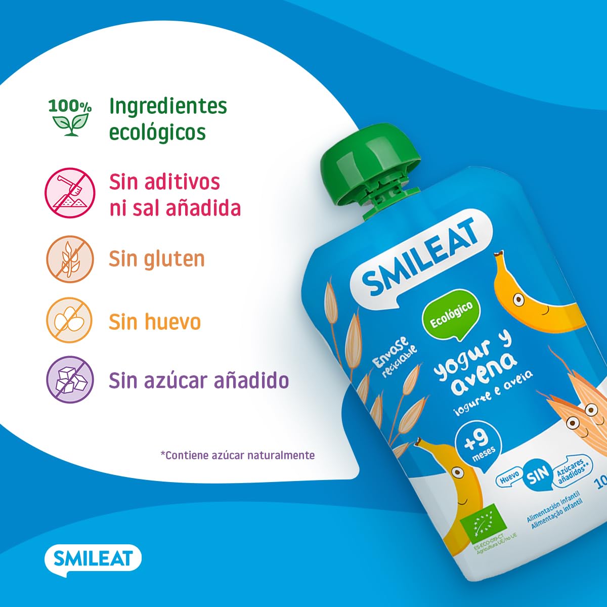 Smileat - Pouch de Frutas Ecológicas - Sin Sal ni Azúcar Añadido, Sin Gluten - Snack Práctico para Peques - Sabor a Yogur Avena