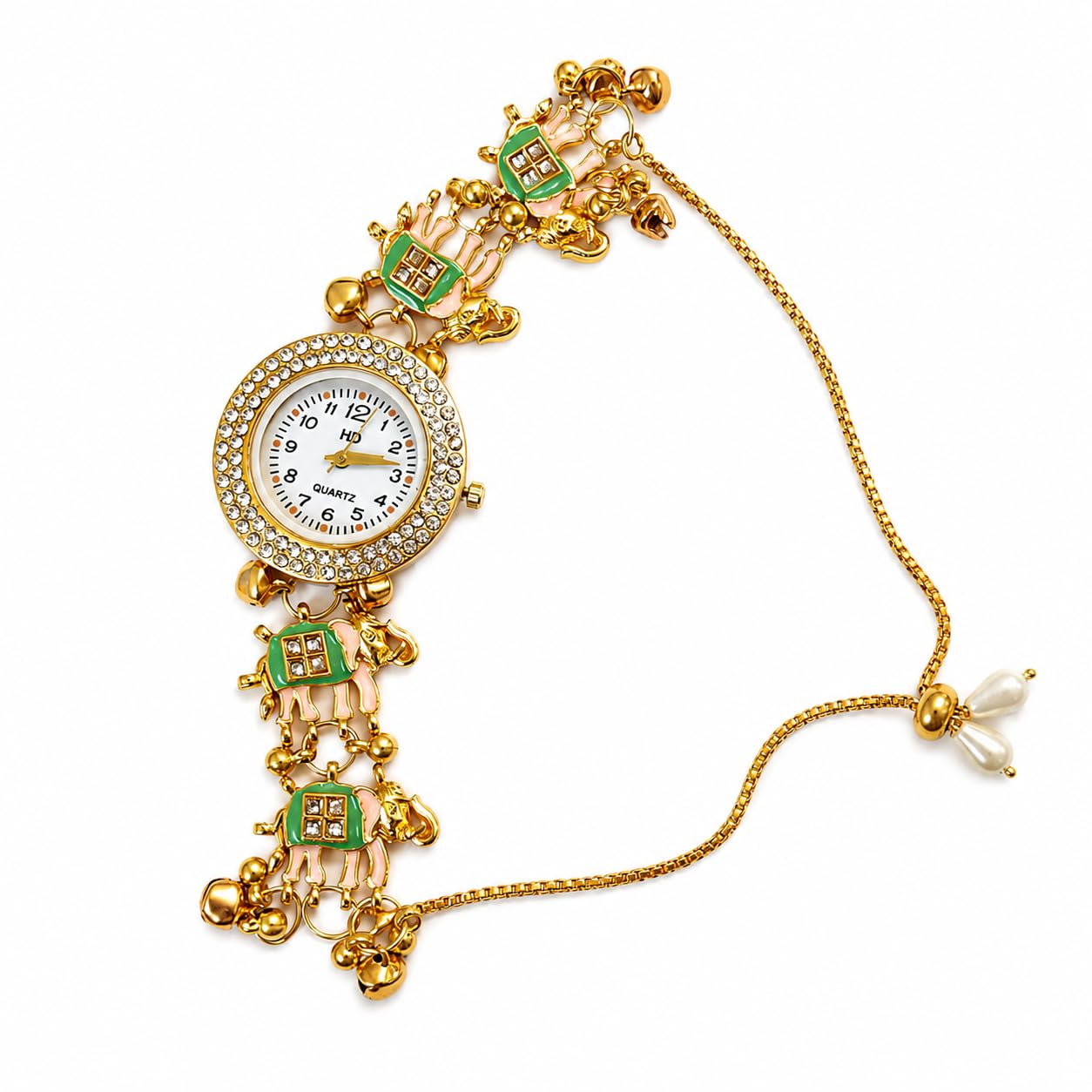 3d eyrans Designer Bracelet Watch for Women | Kashmiri Kundan Stone & Pearl Chain Analog Watch | Luxury Ethnic Wrist Watch for Girls-picture-23