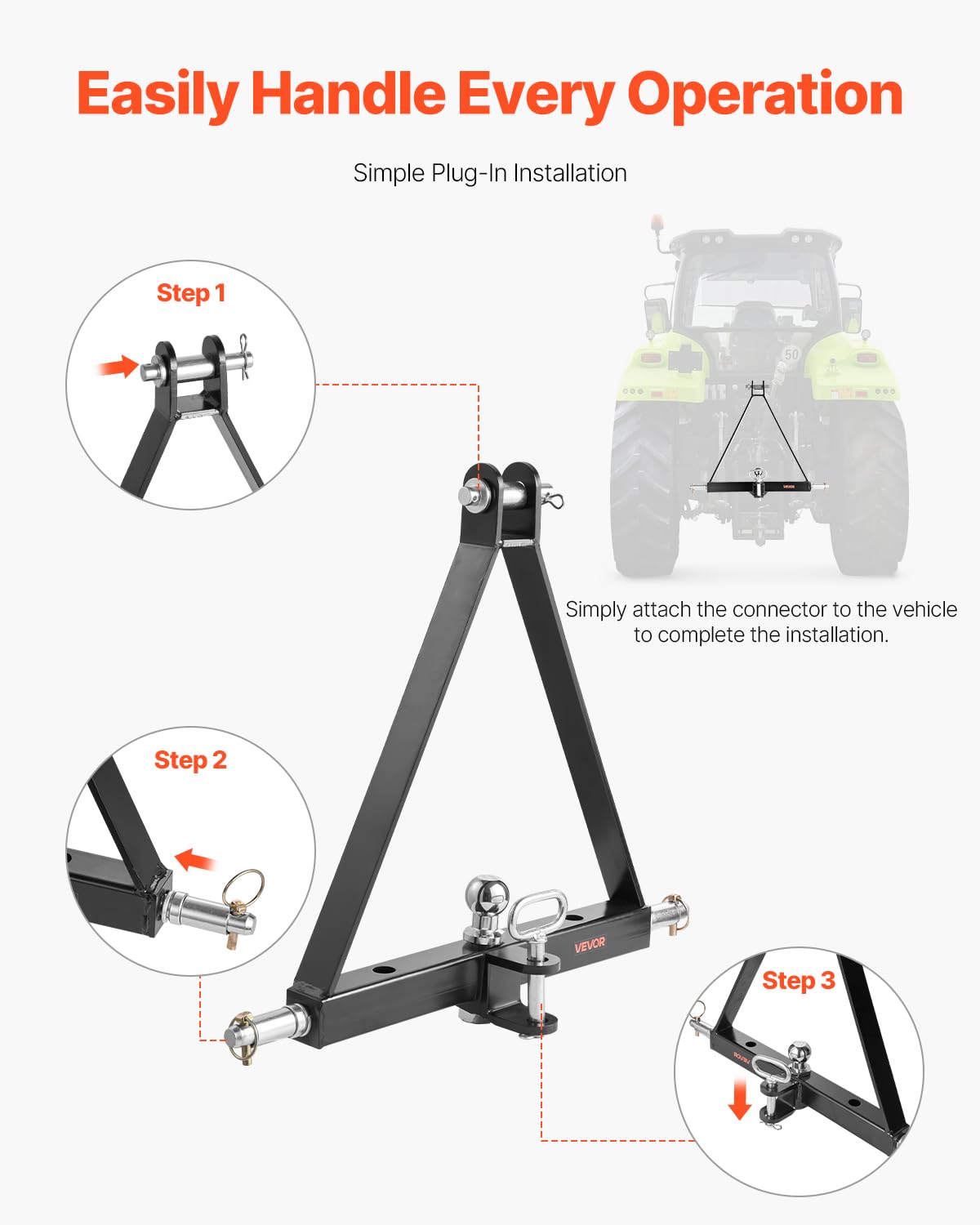 VEVOR 3-Punkt-Anhängerkupplung mit 1-7/8 Zoll Empfänger, 3-Punktaufnahme, 2721 kg, Traktor-Anhängerkupplungsadapter, kompatibel mit Kubota, Mahindra, John Deere, Massey Ferguson, 505x575x130mm