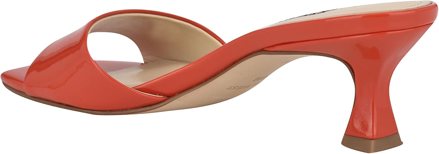 Nine West Indra Orange Patent Faux Leather Square Toe Low Kitten Heel Sandals (Orange, 7)