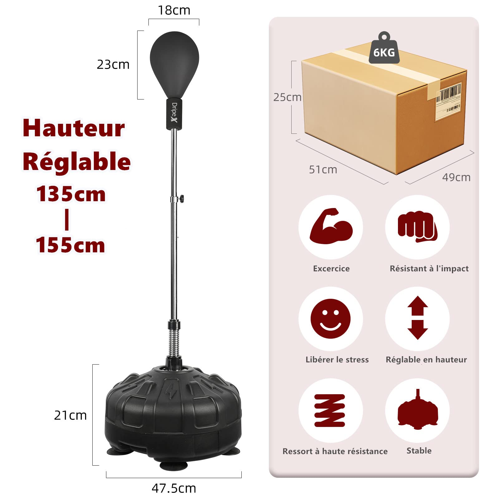 Dripex Punching Ball sur Pied Sac de Frappe Boxe Adolescent avec 6 Ventouses Hauteur Réglable 135 à 155 cm