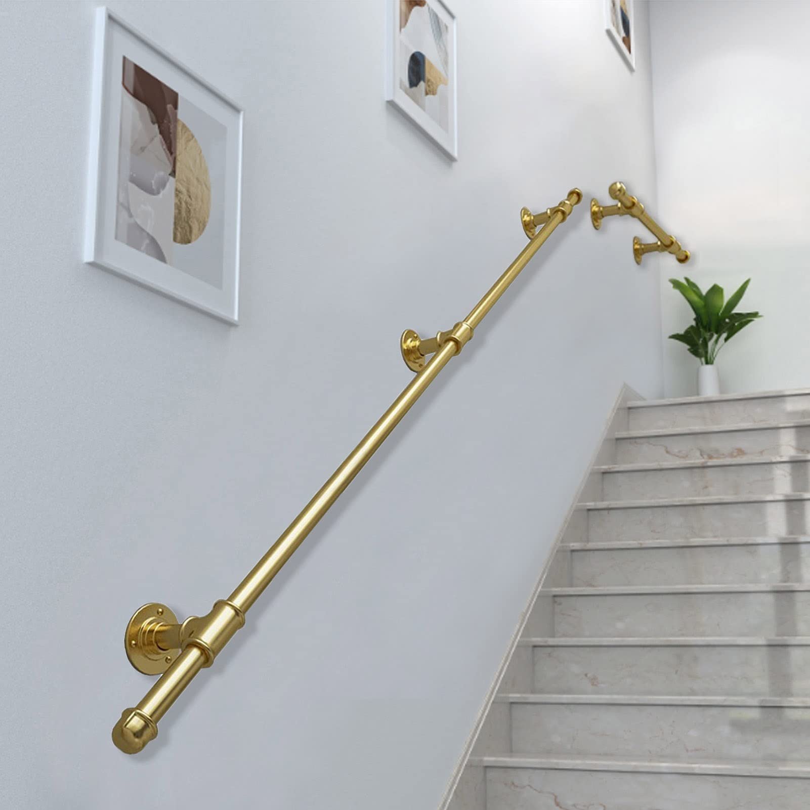 KHLMSRXJ Stairs Handrail Banister Railing Support Kit, Metal Wrought Iron Outdoor Grab Rail Stairway Railing for Indoor Outdoor Hand Rails Wall Mount, Gold/16.4Ft/500Cm