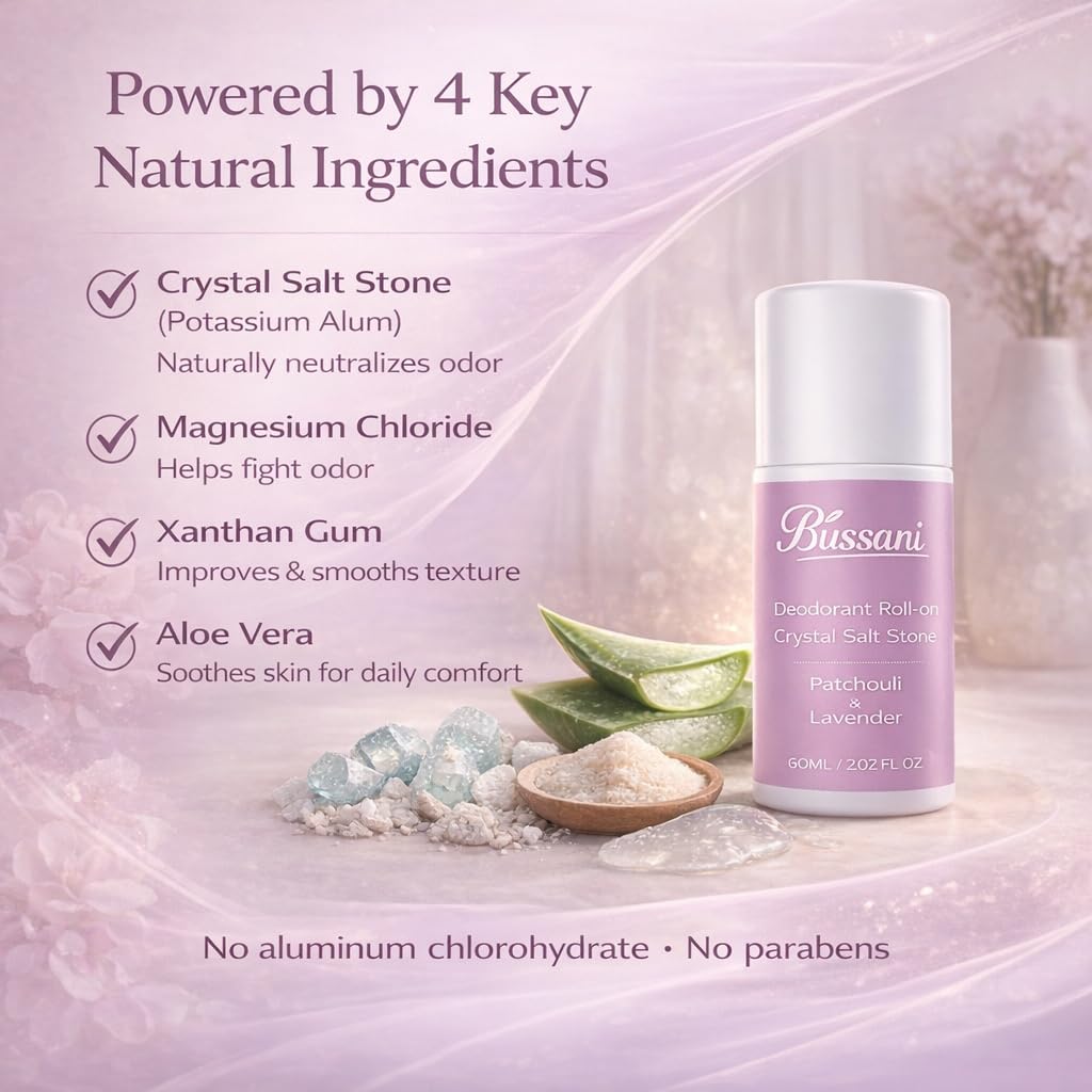 Bussani Deodorante naturale da 3 pezzi da 90 ml di lavanda al patchouli – Deodorante roll-on in pietra di cristallo per donna, protegge senza alcool, parabeni o alluminio, senza macchie e cruelty-free