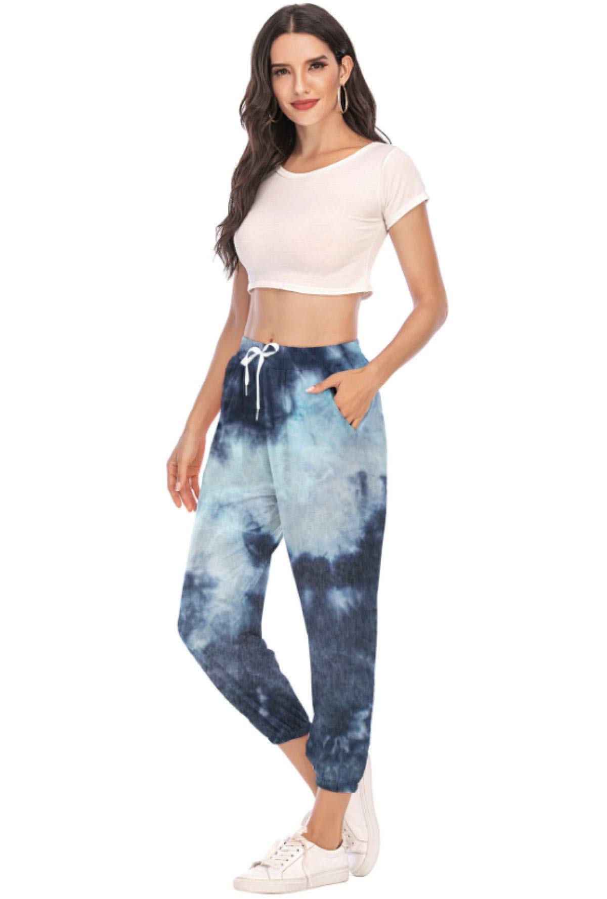 Es-Uk Women's Grey & Blue Premium Yoga Pants For : Elastic Waist Tie Dye Lounge Sweatpants Versatile Gym Leggings & Activewear Trousers - Perfect Joggers & Tracksuit Bottoms (Grey/Blue, Xxl)