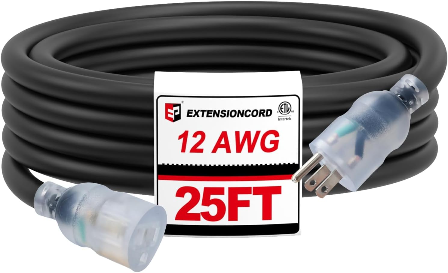 EP 25 Ft 12 Gauge Outdoor Lighted Extension Cord, Heavy Duty NEMA 5-15 P/NEMA 5-15R Power Cord, 15A 250V 12/3 SJTW Cable for Lawn, Garden, Appliance, Black