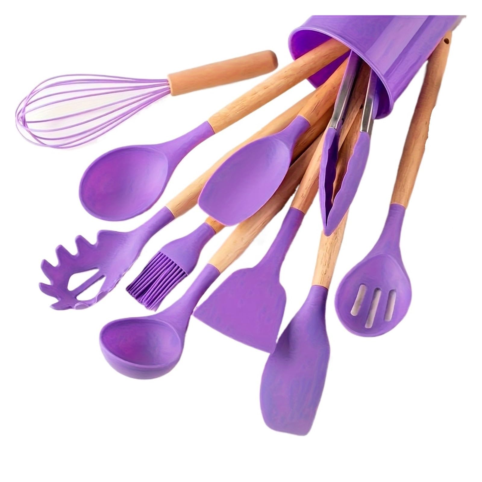 Générique Ensemble d'ustensiles de Cuisine, 12 pièces, ustensiles de Cuisine en Silicone antiadhésifs avec poignées en Bois for la Cuisson(Purple)