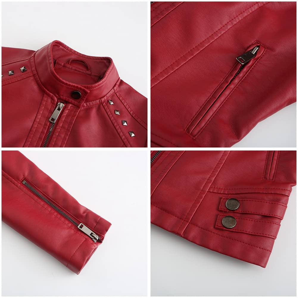 Giacca corta da donna in pelle PU manica lunga top donna sottile stand collare moda giacca. rosso-XXL