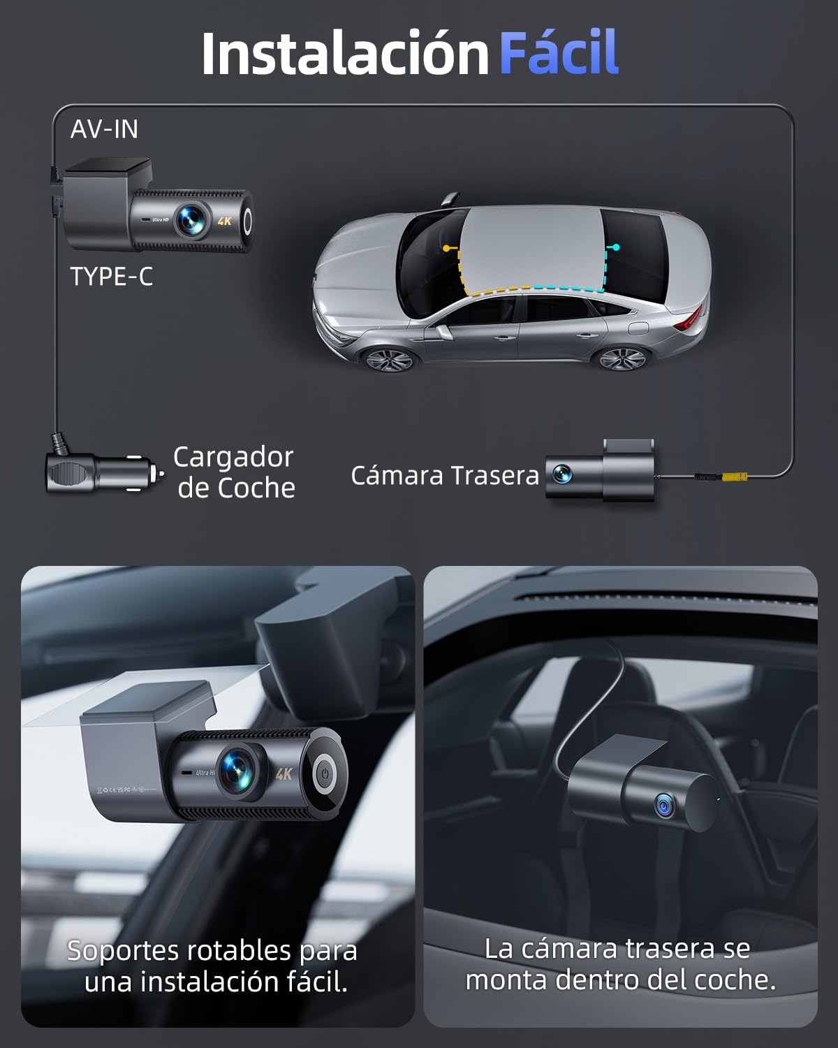 4K+1080P Dash CAM Coche, 5GHz WiFi Dashcam con Tarjeta SD 64GB, Camara Vigilancia Coche con 1,5″Pantalla, 170° Gran Angular, Sensor G,Visión Nocturna,Monitor de Aparcamiento,Grabación en Bucle