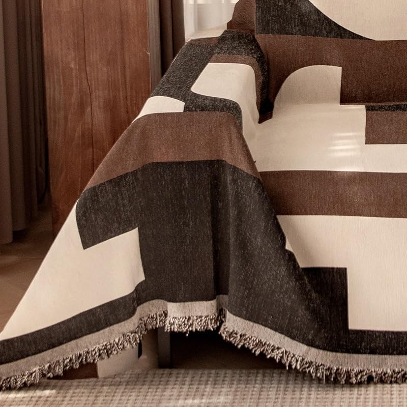 Housse de canapé en chenille géométrique 180x130 cm jeté de canapé 1 à 3 places avec pompons gris