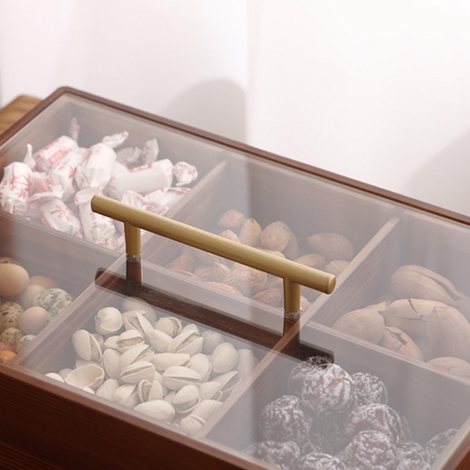 Plateau de service carré avec couvercle – Plateau en bois divisé à 6 compartiments avec couvercle en verre acrylique transparent pour noix, fruits secs, bonbons et sachets de thé