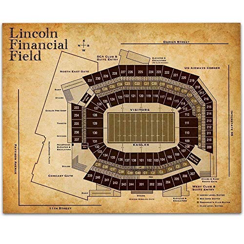 Vintage Lincoln Financial Field Football Seating Chart Layout 11x14 Unframed Poster – Philidelphia Stadium Map, Antique Style Blueprint Wall Art, Rustic Fan Decor For Man Cave, Game Room