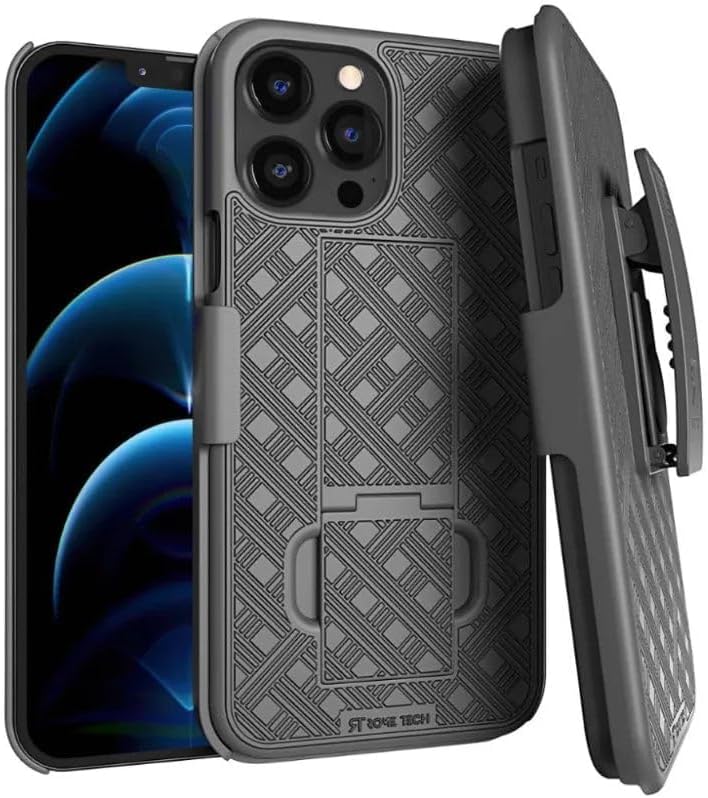 Funda diseñada para iPhone 12 Pro Max con funda de clip para cinturón, funda con función atril, color negro