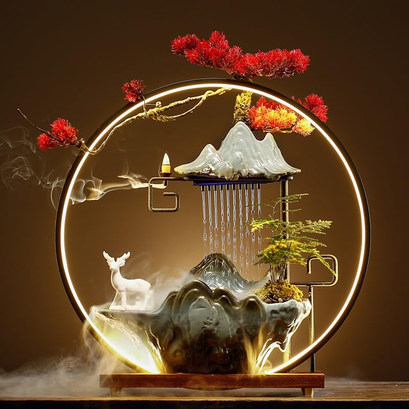 Fuente decorativa de jardín, fuente de agua con cascada, de cerámica, con iluminación LED, función humidificadora, quemador de incienso, Feng Shui Zen, decoración para salón, dormitorio, oficina