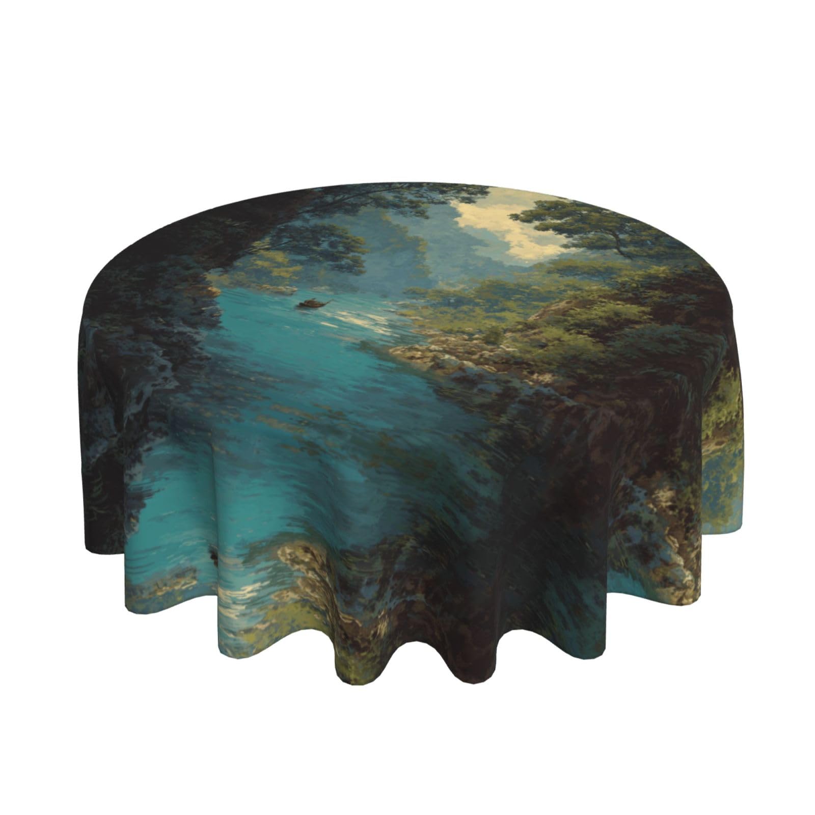 ESNAIUVCD River scenery print Round Tablecloth Waterproof Washable Wipeable Resistant Polyester Circular Table Cover for Dining Room Kitchen Indoor Outside 60"