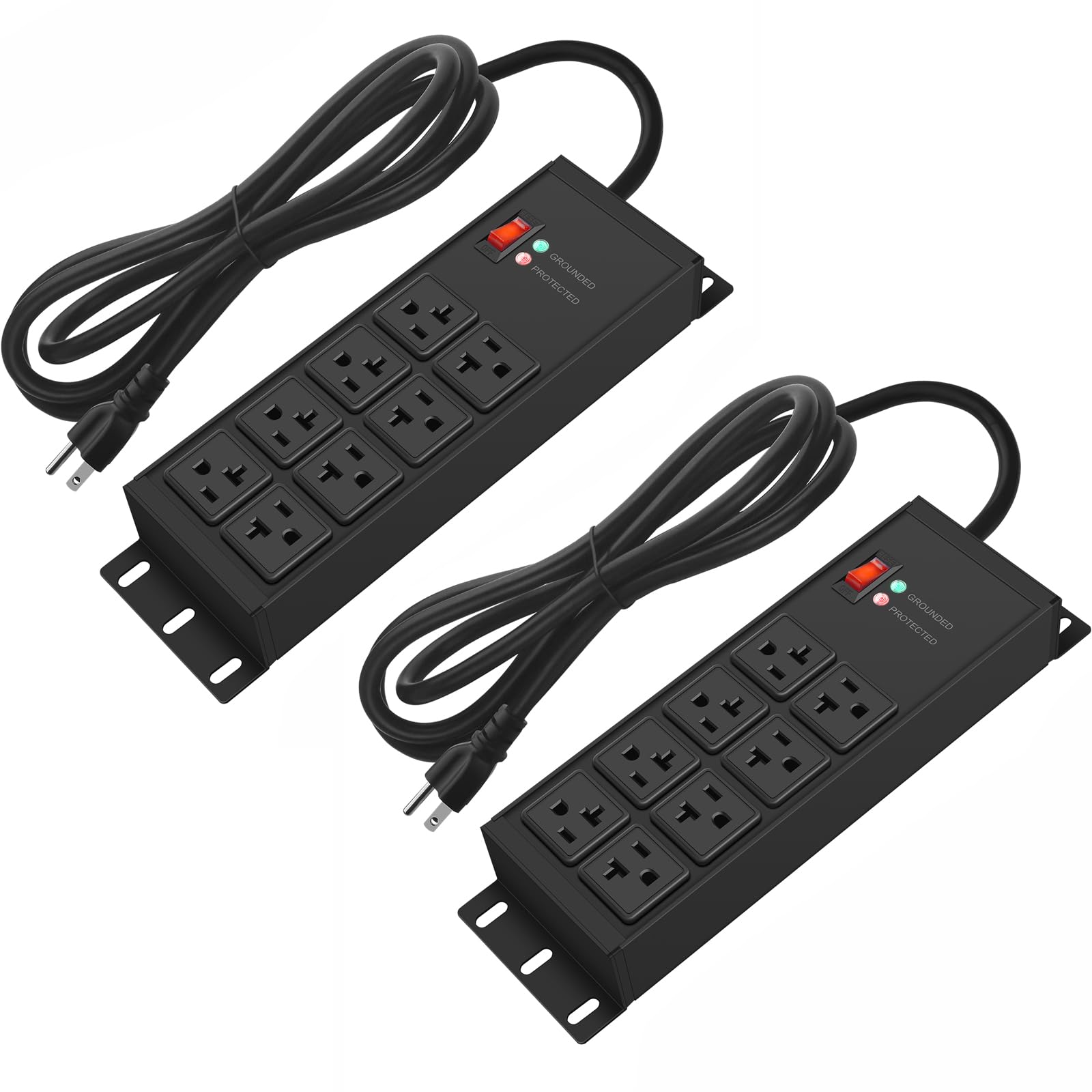 CCCEI 2PCS Heavy Duty Power Strip Surge Protector 20 AMP, 8 Outlets 12 Gauge Shop Garage Metal Multiple Outlets, 6 FT Extension Cord 5-15P Adapter High Amp 6-20R T-Slot 20a for Appliance Black.