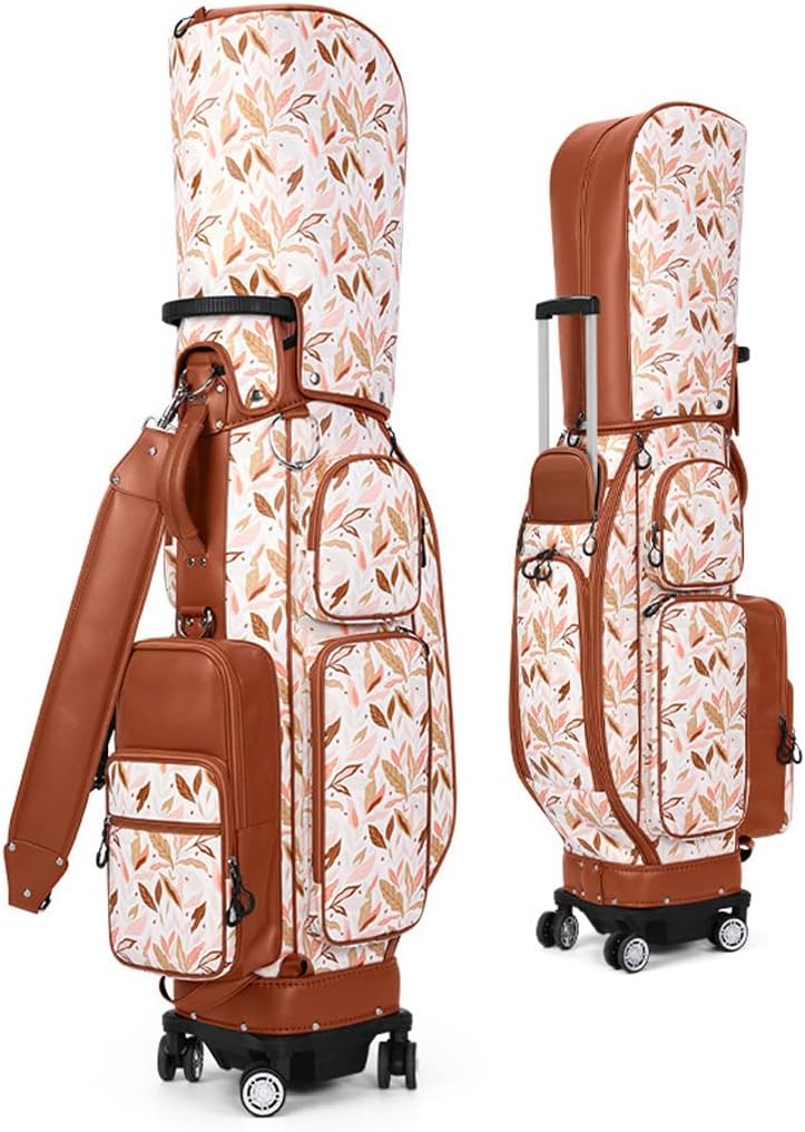 LANGWEI Golf Club Cart Bags for Women, Hidden Lever Golf Transport Cart Bag, Waterproof Microfiber Carry Bag 4 Wheels Can Be Pushed/Towed Horizontally