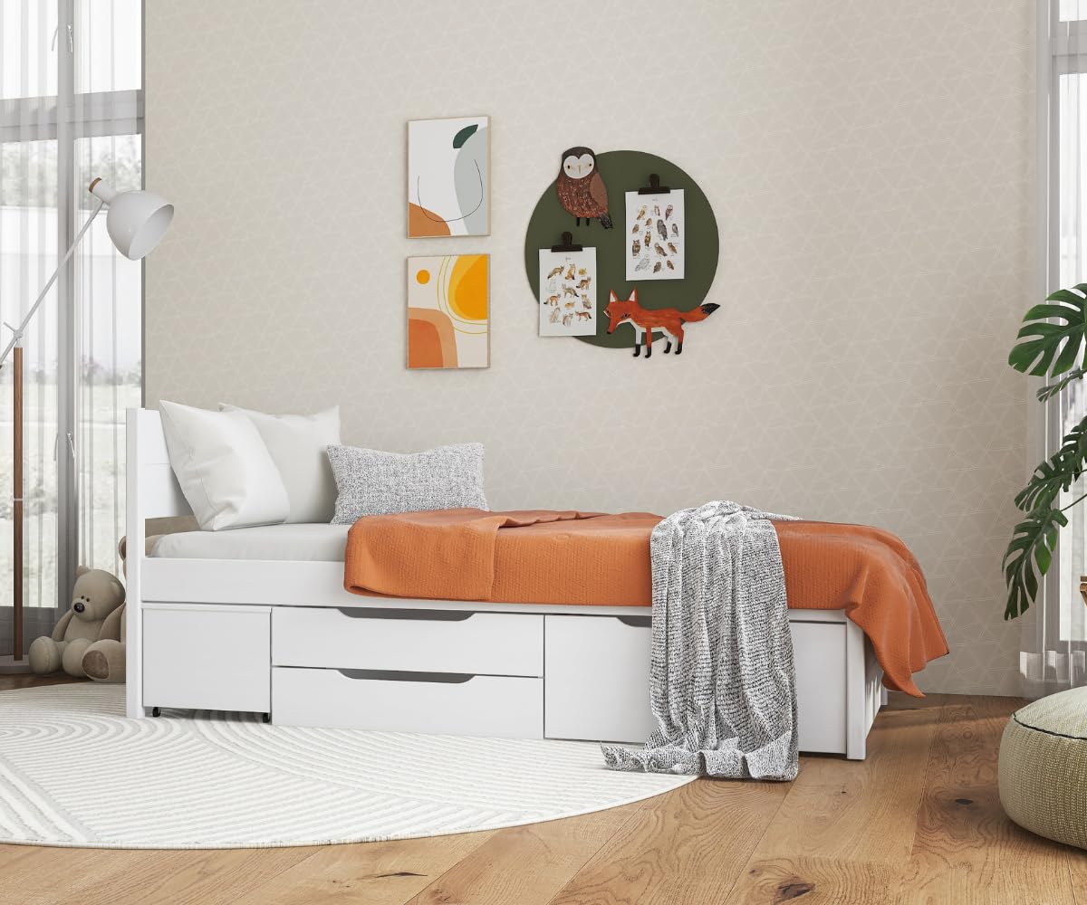 Inter Link, Letto singolo 90 x 200 cm, Letto a scomparsa con contenitore, Pino massiccio, 2 cassetti grandi e 1 cassetto, Base a doghe inclusa, Laccato bianco, Efetivo 140 x 200 cm