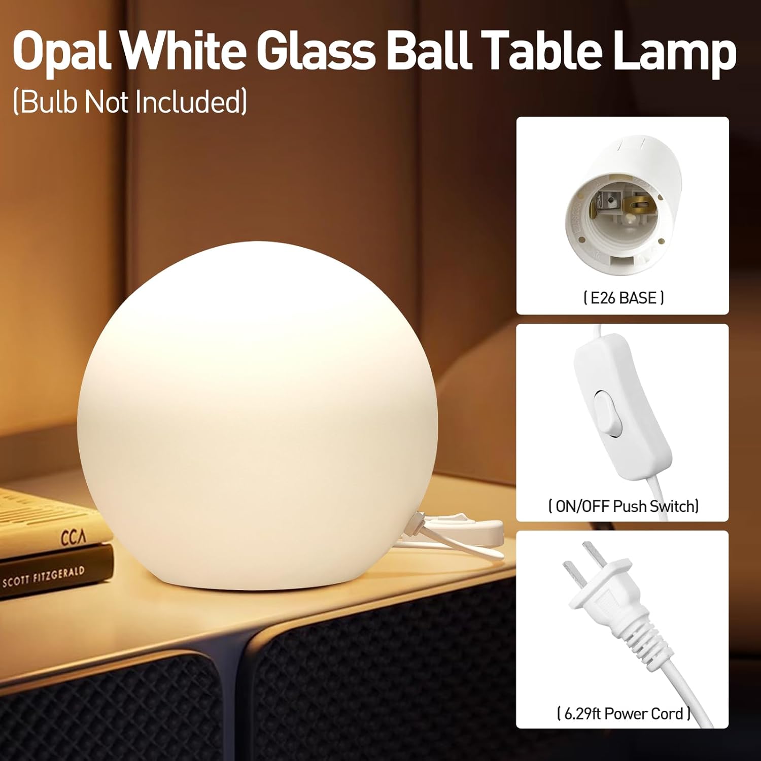 10 Inch Ball Table Lamp with Glass Shade Stylish Ball Light Lamp for Bedroom Living Room and Bookshelf Modern Design Perfect for Home Decor, Without Bulb