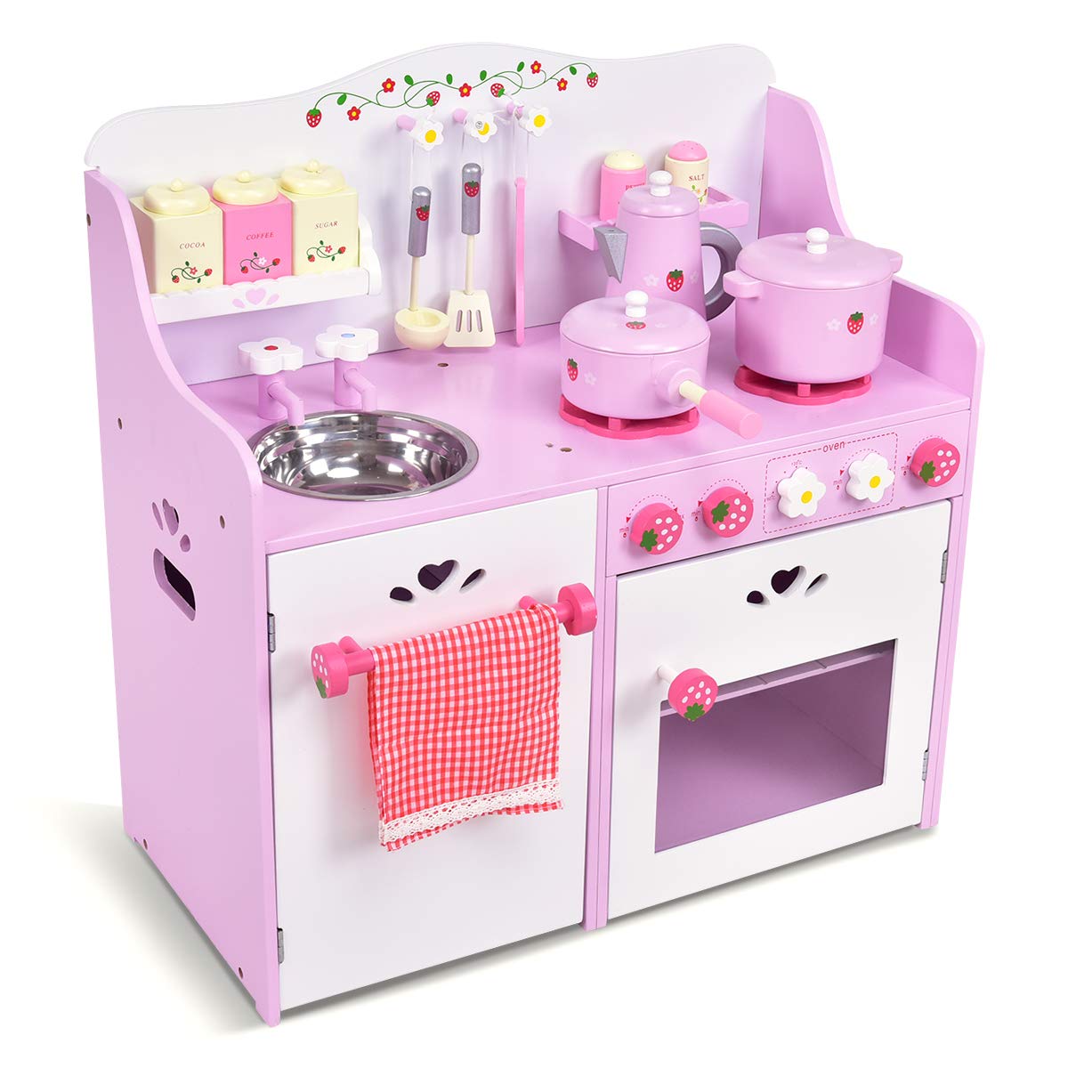 GLACER Kids Kitchen Playset, Pink Strawberry Theme Play Cooking Set with Cookware, Realistic Sound, Storage Cabinet, Stove, Faucet, Wooden Pretend Play Kitchen for Toddlers