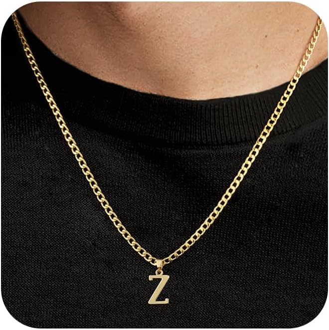 Initial A-Z Letter Pendant Necklace for Men 18K Gold Plated Capital Initial Necklace Cuban Link Chain 4mm 20 Inch Jewelry Gift
