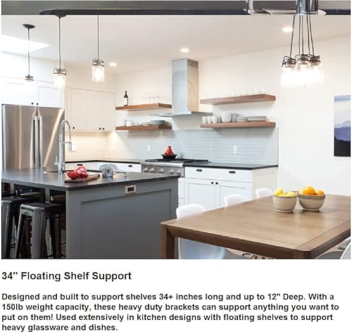 Miniatura 5 de Soporte flotante de montaje en pared ciega resistente de 34 pulgadas, par de soportes de estante oculto con capacidad de peso de 150 libras,
