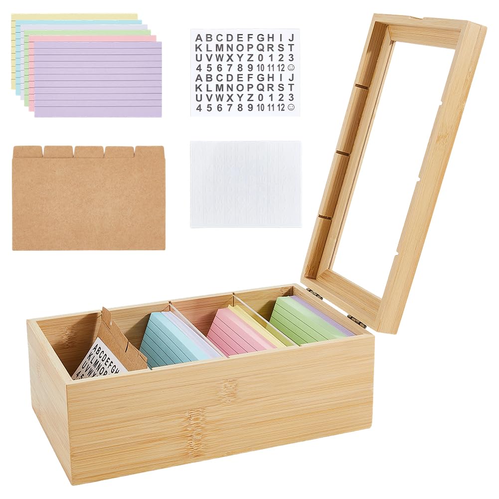 PH PandaHall Index Card Organizer Box with Clear Lid, Index Card Holder Bamboo Storage Box with 300 Index Card, 25 Dividers and 4 Sheets Alphabet Number Stickers for Office Business Home Kitchen