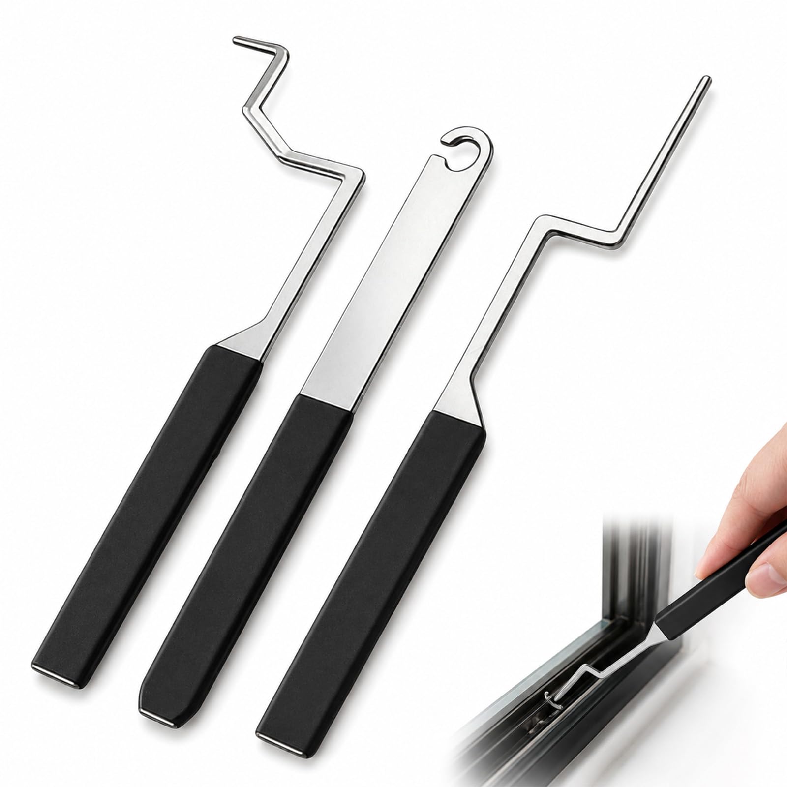 3 Pack Black Stuck Window Openers Stainless Steel Non-Slip Rubber Grip