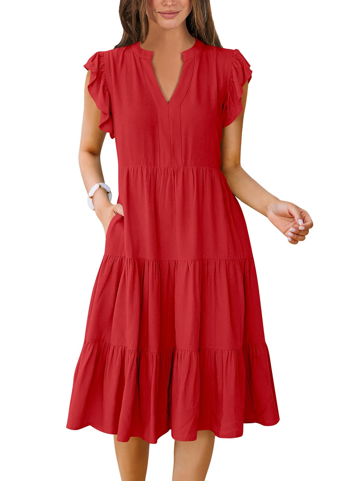 ANRABESS Womens Summer Dress Ruffle Sleeve V Neck Midi Dresses Fashion Casual Fit Flowy Tiered Boho Beach Vacation Sundress