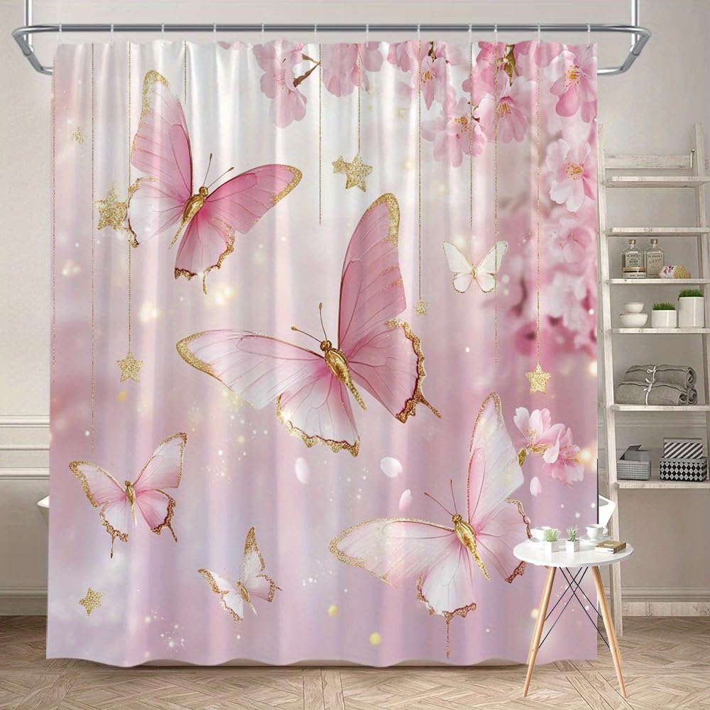 Glwdmb Q-15 1 Piece 180X200cm Pink Butterflies And Cherry Blossoms Printed Shower Curtain With Hook, Polyester, For Windows And Walls, Bathtub, Bathroom, Machine Washable, All Season Universal