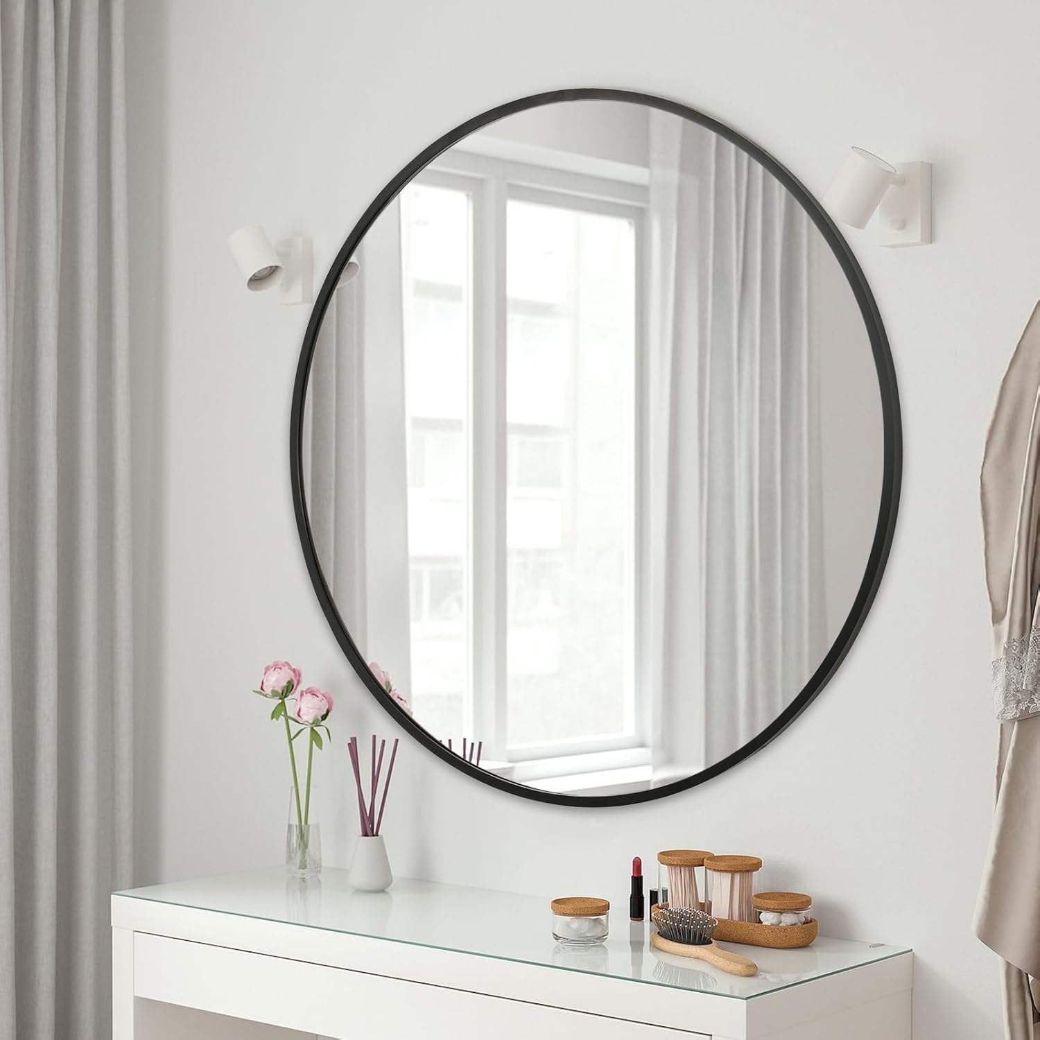 Siljoy Round Wall Mirror, 24" Mirror for Wall, Modern Bathroom Mirror, Circle Mirror for Bathroom, Vanity, Living Room, Bedroom, Black