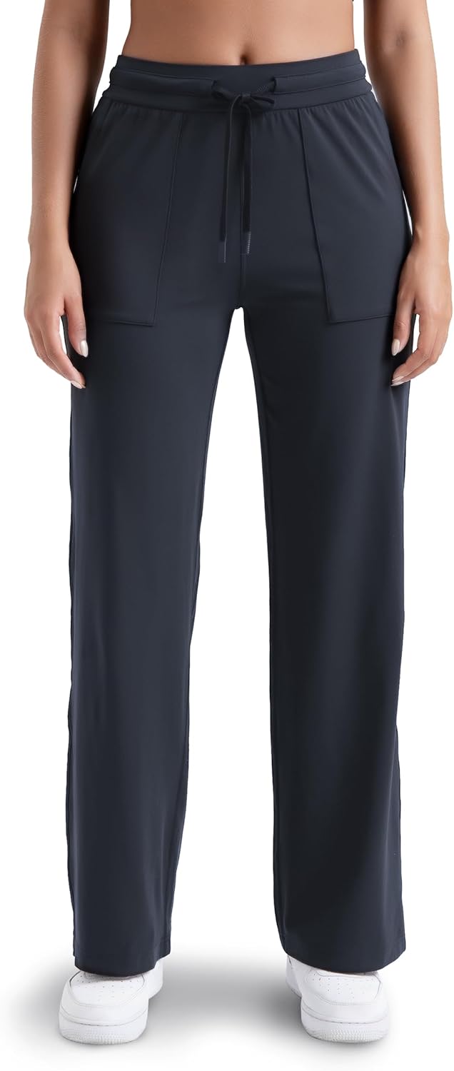 Colorfulkoala Dreamlux Wide Leg Pants Women Lounge High Waisted Work Pants with Pockets 27.5"/30.5" Standard Large Blue Ink