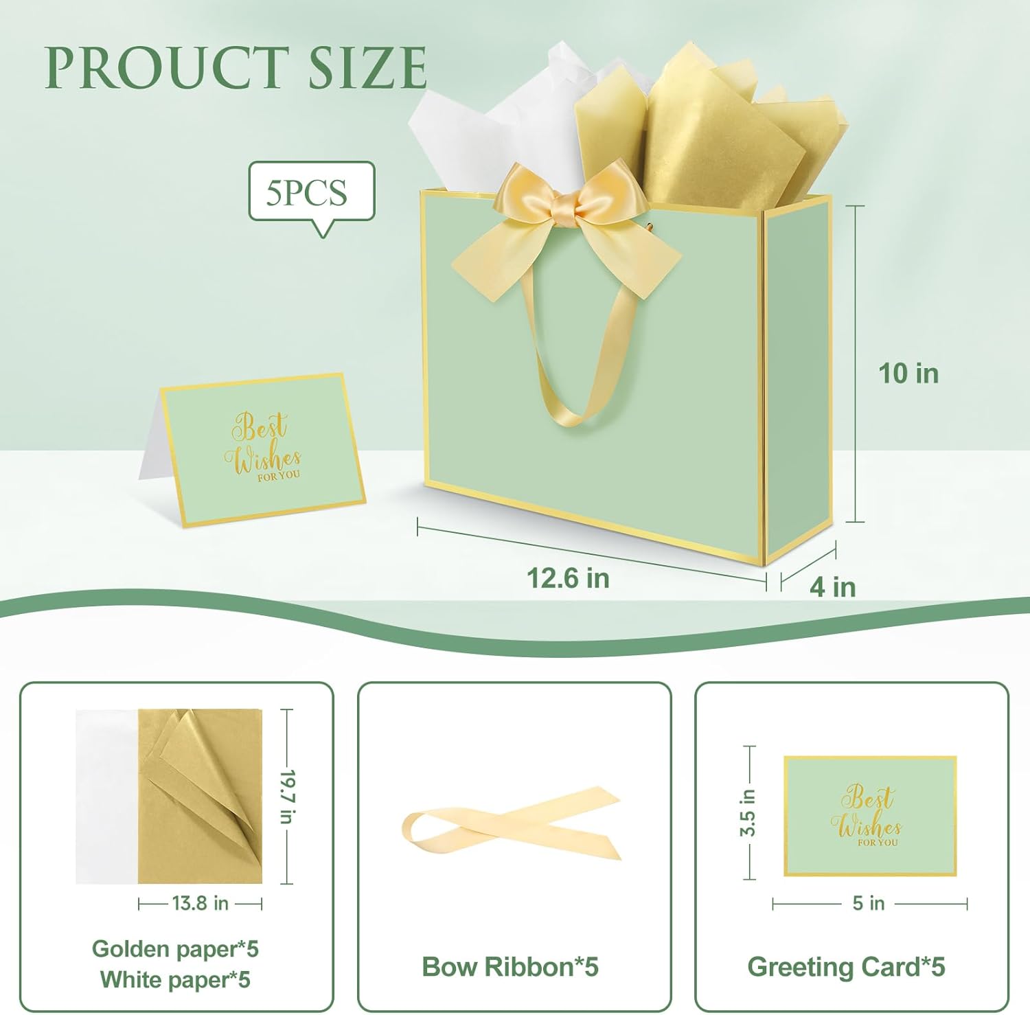 Ethhqu 5 Pack Elegant Large Gift Bags with Handles, 12.6x10x4 Inches - Includes Tissue Paper & Cards for Birthday, Baby Shower, Wedding, Anniversary, Christmas & Holiday Gifts (5Pcs Sage Green with Gold Rim) - Image 2