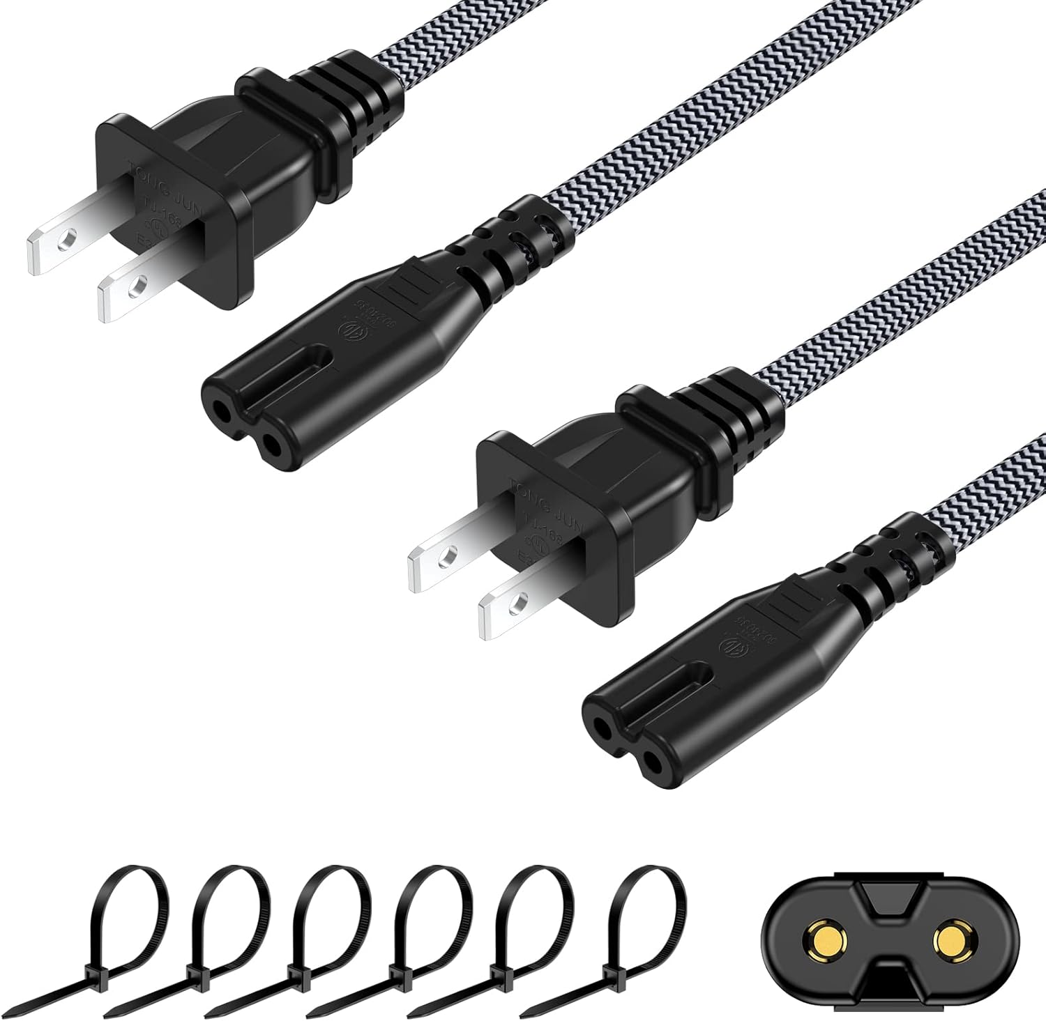 AC Power Cord 6FT(2 Pack), 2 Prong TV Power Cord, Nylon