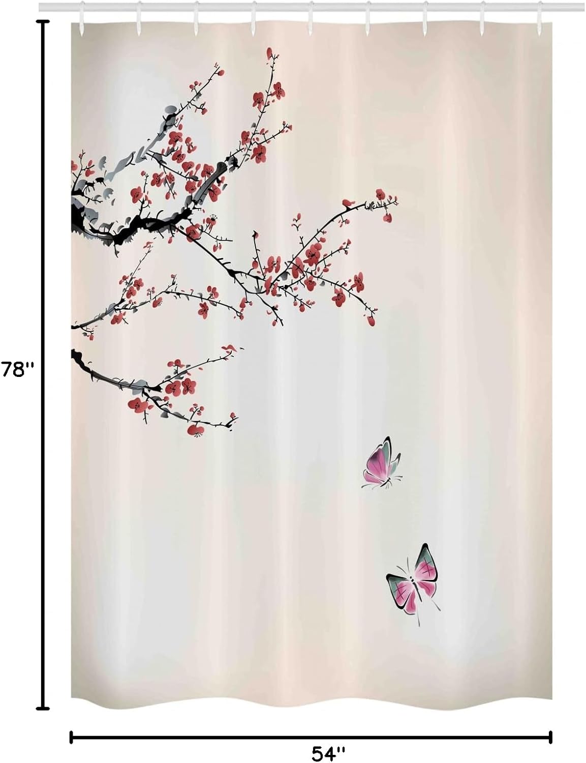 Ambesonne Watercolor Flower Stall Shower Curtain, Blossoming Cherry Tree Butterflies Japanese Sakura Artwork, Fabric Bathroom Decor Set with Hooks, 54" W x 78" L, Dark Coral Ivory Pink