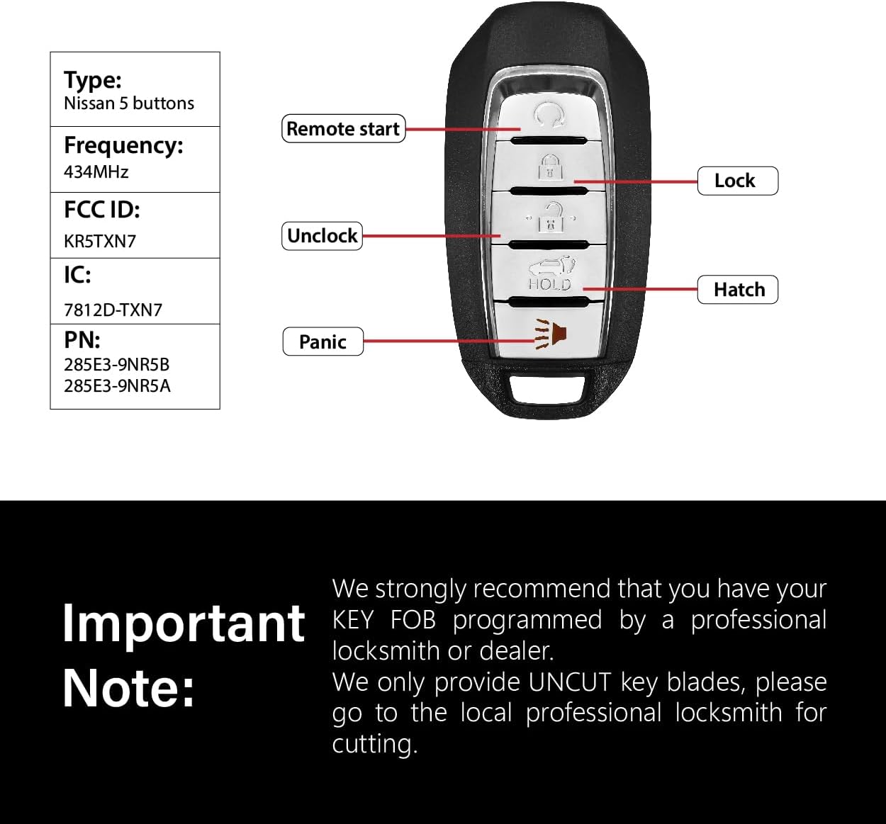 Replacement for 2019 2020 2021 2022 2023 Infiniti QX60 SUV Key Fob Remote Control KR5TXN7 5 Buttons 4A 434MHz - Image 3