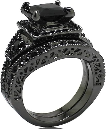Miniatura 2 de Jude Jewelers Tamaño 4-15 Anillo de compromiso de boda de corte princesa negro propuesta de aniversario de halo nupcial