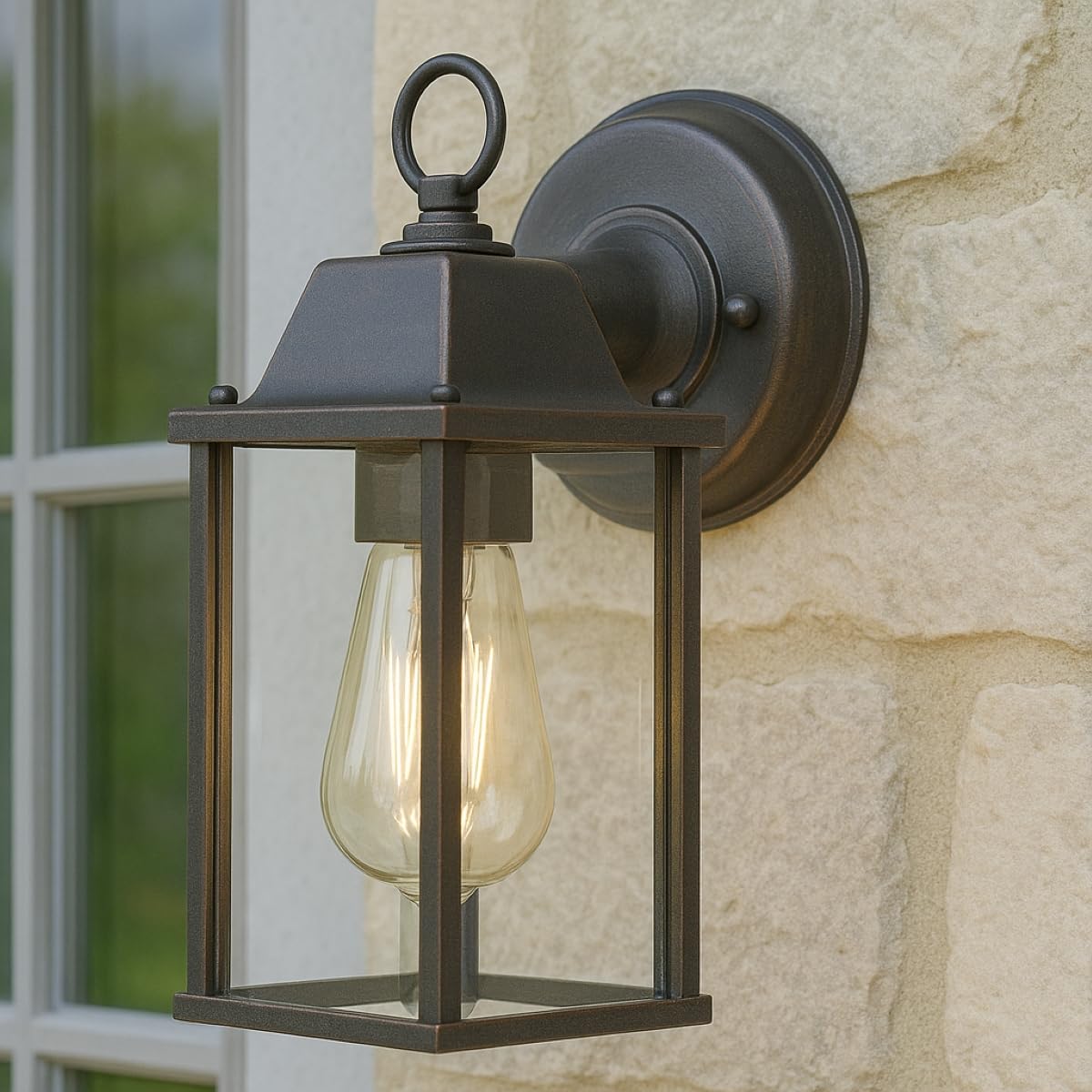 Outdoor Outside Wall Light Mains Power Bevelled Glass Coach Lantern Porch Garden Decorative Lamp Fixture Waterproof (Antique Brass)