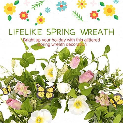Ynylchmx 20" Spring Flower Wreath With White Flower & Green Eucalyptus Leaves & Butterfly, Artificial Wreath Green Foliage Wreath For Wall Window Farmhouse Party Holiday Home Decor #TOP2