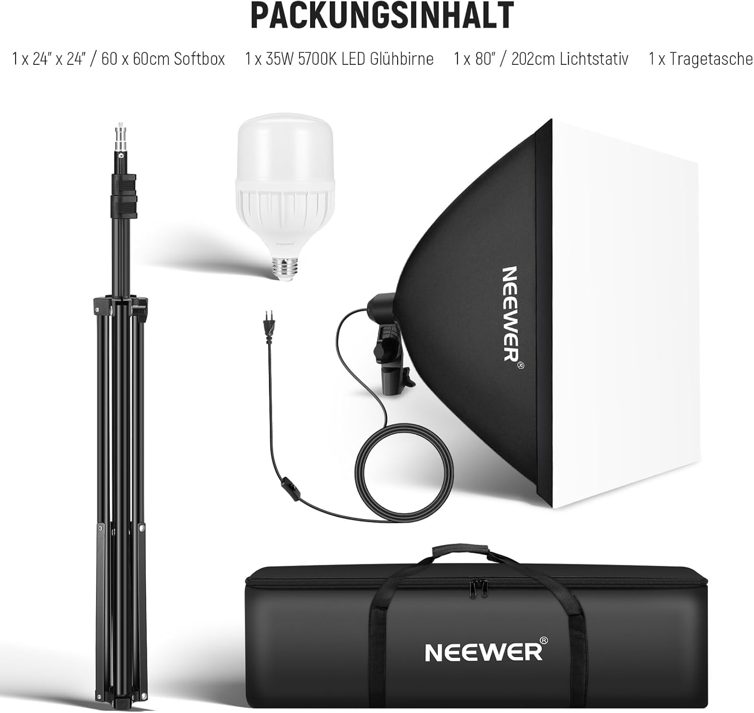 NEEWER 350 W ekwiwalentny zestaw oświetleniowy Softbox, żarówka LED 5700 K, 24" x 24", miękkie pudełko z gniazdem E27, zestaw oświetlenia ciągłego do fotografii, wyposażenie studia fotograficznego,