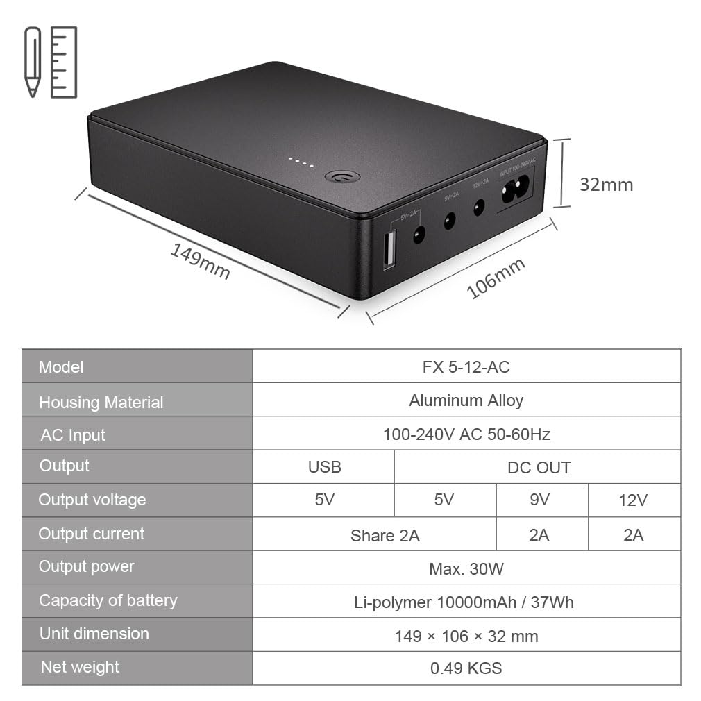 Mini UPS alimentazione senza interruzione per router, modem, fotocamera con ingresso uscita AC USB 5V DC 5V 9V 12V 2A (37Wh)