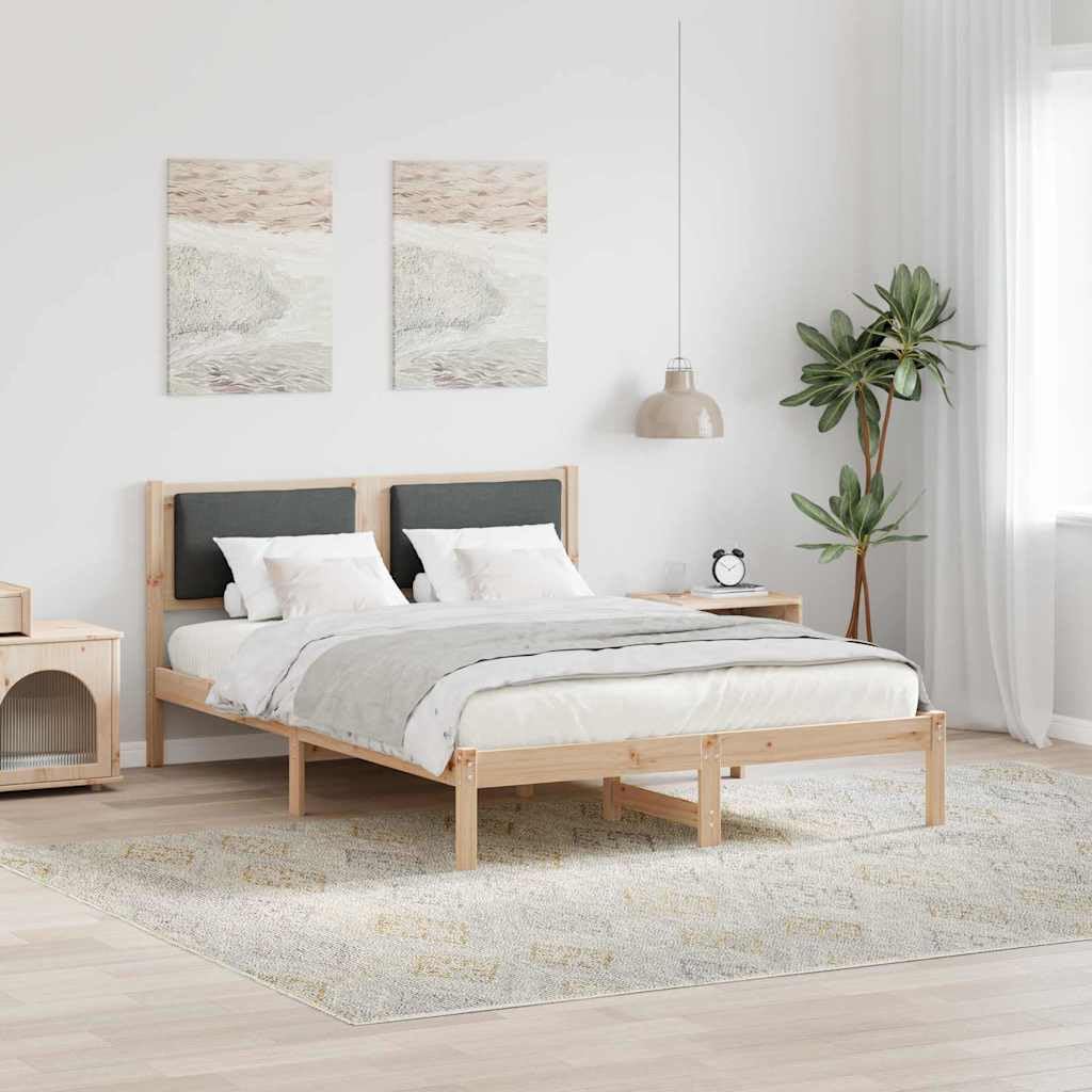 Lite drewno sosnowe Nowoczesny minimalistyczny design 135 x 190 cm Szary | Ramka łóżka Ciemnoszary 135x190 Lite Drewno Sosnowe Tapicerowane Wezgłowie Stelaż Listwy Mocna Konstrukcja