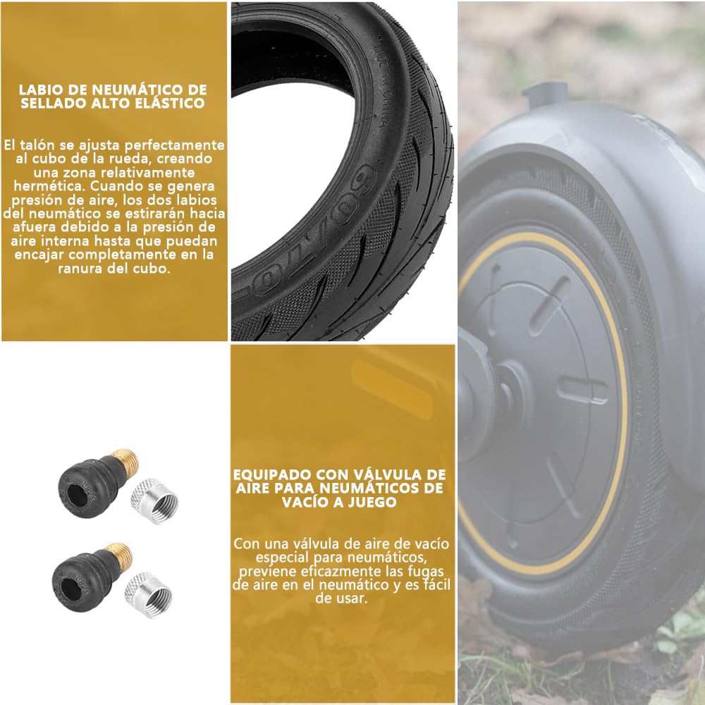 60/70-6.5 Neumático de vacío con válvula para Ninebot Max G30 Scooter eléctrico 10'' Neumático de repuesto sólido delantero/trasero con pegamento vivo incorporado reparable (2 piezas)