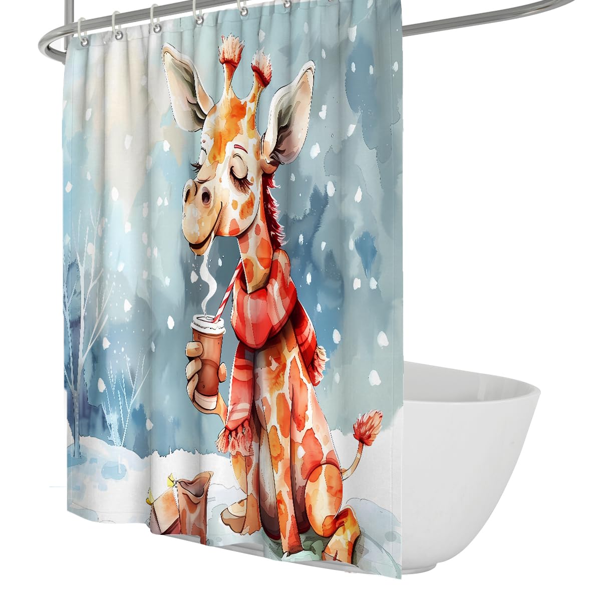 UERWOWELL Cartoon Animal Shower Curtains Set with Hooks Cute Giraffe Shower Curtain Winter Snow Scenery Bathroom Decor Waterproof Polyester Fabric W90xL180 cm