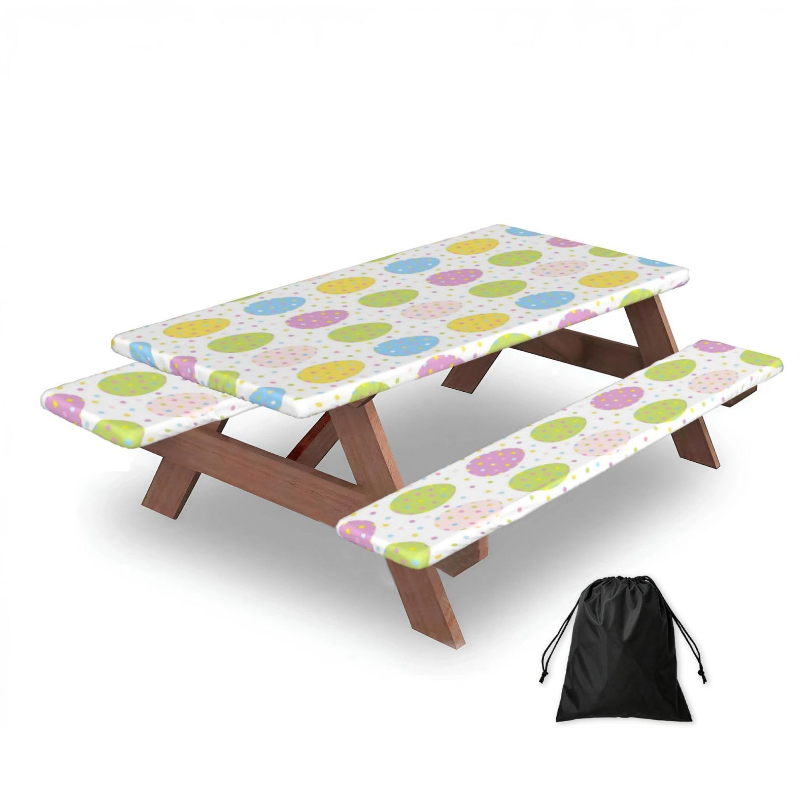 Dopklna As Picture Easter With Cute Eggs Polka Dots, Picnic Table Cover With Bench Covers -Waterproof Elastic Fitted Tablecloth For Garden Camping Patio 76X152cm