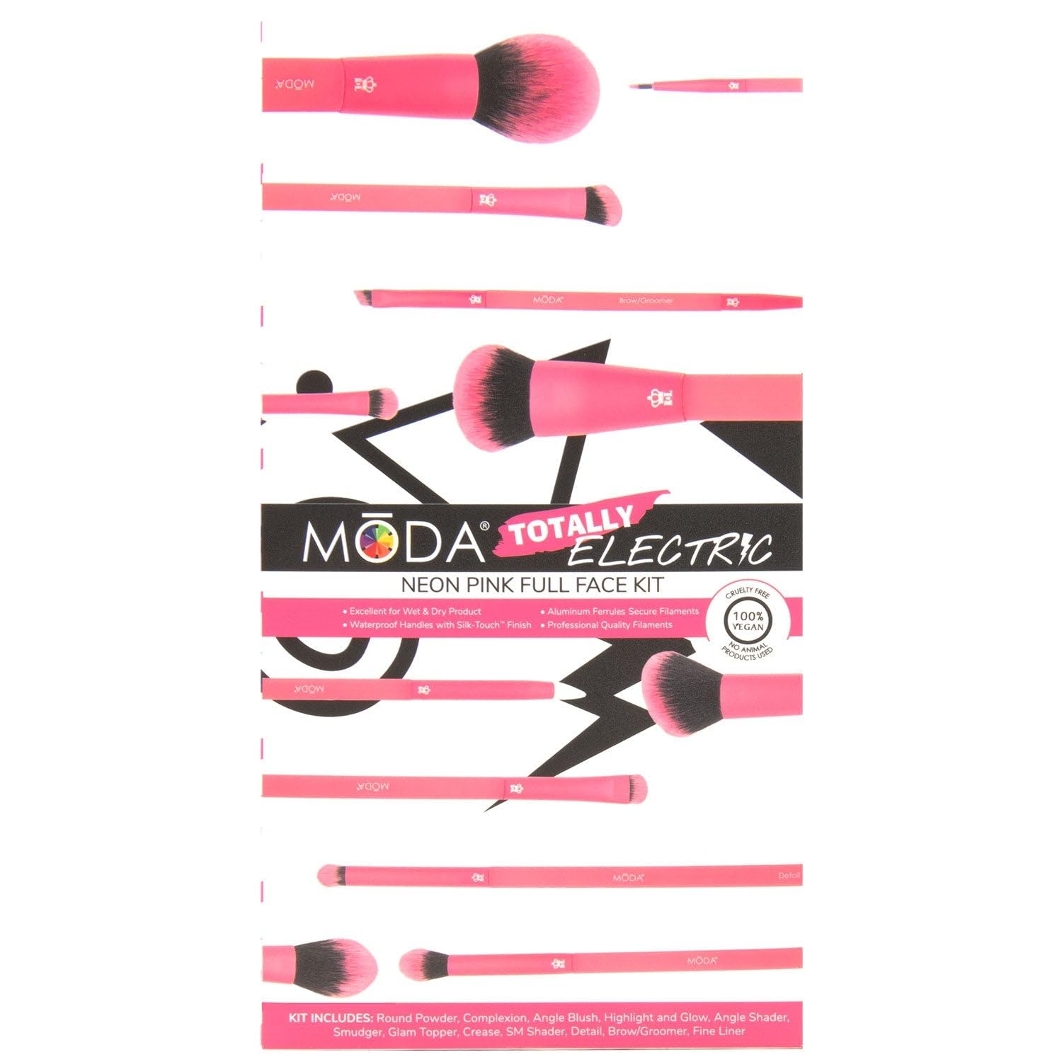 MODA Totally Electric 13-teiliges Make-up-Pinsel-Set für das gesamte Gesicht, inkl. Puder, Teint, Rouge, Shader, Smudger und Faltenpinsel, Neon-Pink